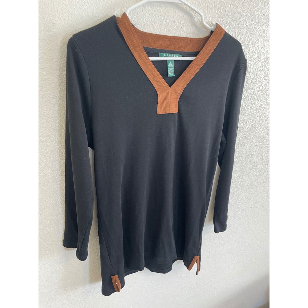 Lauren Ralph Lauren Top Women LG Black Brown Faux Suede‎ Trim V-Neck Long Sleeve